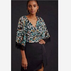 ANTHROPOLOGIE Flutter-Sleeve Wrap Top NWT Size Small Black Lace